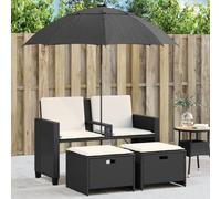 HaoChrymec Set Giardino Esterno 2 Posti con Ombrellone, Divano da Esterno in Polyrattan Nero, Salotto da Giardino con Pouf, Poltroncine da Esterno per Terrazzo e Giardino, Colore Nero, 120x61x80 cm