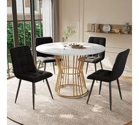 HaoChrymec Set Tavolo da Pranzo 5 Pezzi in MDF, Tavolo Rotondo 100 cm con Piedi in Metallo Dorato, 4 Sedie in Velluto Nero, Tavolo Cucina e Soggiorno, Colazione, Design Moderno, 100x100x75 cm