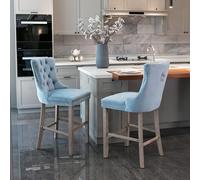 HaoChrymec Sgabelli da Bar in Velluto, Schienale Wing Back con Bottoni e Borchie Cromate, Gambe in Legno, Sedie Bar Imbottite, per Cucina e Sala da Pranzo, Azzurro Chiaro, Set da 2