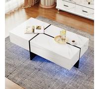 HaoChrymec Tavolino da Caffè in Truciolare, Superficie Lucida con Effetto Marmo Bianco e LED Controllato da App, Tavolo Salotto Moderno, Tavolino Portaoggetti, Bianco, 100x50x34.5cm