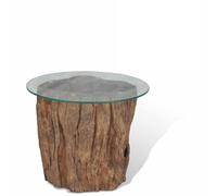 HaoChrymec Tavolino da Caffè Moderno, Base in Teak Naturale con Piano Vetro Temperato, Design Tronco d'Albero, per Soggiorno o Salotto, 50 x 40 cm