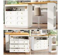 HaoChrymec Tavolo Bar Estensibile in MDF, Rotazione 360° con Ampio Contenitore, Tavolo Bar Girevole con Cassetti, adatto a Cucina Soggiorno Sala da Pranzo e Home Office, Bianco, 137-203x39x90 cm