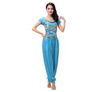 Haodasi Costume da danza del ventre da donna con maglia + pantaloni lanterna, costume professionale da ballerina di carnevale, Blu, S
