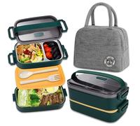 Haoh Lunch Box Acciaio Kit, 1100ml 2 Strati Ermetica Porta Pranzo da Ufficio con Posate e Borsa Termica Porta Pranzo, Bento Box Acciaio per Picnic Scuola Uffici Adulto(Verde)