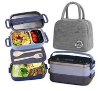 Haoh Lunch Box Acciaio Kit, 1100ml 2 Strati Ermetica Porta Pranzo da Ufficio con Posate e Borsa Termica Porta Pranzo, Bento Box Acciaio per Picnic Scuola Uffici Adulto(Blu)