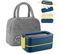 Haoh Lunch Box Kit, 1400ml 2 Strati Ermetica Porta Pranzo da Ufficio con Posate e Borsa Termica Porta Pranzo, Bento Box Microonde per Picnic Scuola Uffici Adulto (Blu Scuro)