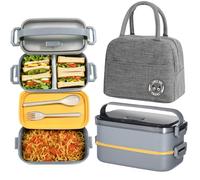 Haoh Lunch Box Kit, 1600ml 2 Strati Ermetica Porta Pranzo da Ufficio con Posate e Borsa Termica Porta Pranzo, Bento Box Microonde per Picnic Scuola Uffici Adulto Bambini (Grigio)