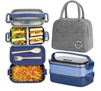 Haoh Lunch Box Kit, 1600ml 2 Strati Ermetica Porta Pranzo da Ufficio con Posate e Borsa Termica Porta Pranzo, Bento Box Microonde per Picnic Scuola Uffici Adulto(Blu)