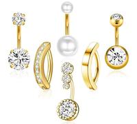 HaoHanEup Set di 6 piercing per ombelico, in acciaio ipoallergenico, con perle e diamanti, eleganti gioielli per il corpo da donna, collezione di piercing per ombelico, 14 Gauge, Acciaio inossidabile