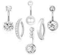 HaoHanEup Set di 6 piercing per ombelico, in acciaio ipoallergenico, con perle e diamanti, eleganti gioielli per il corpo da donna, collezione di piercing per ombelico, 14 Gauge, Acciaio inossidabile