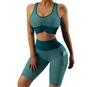 Haohon Completi da yoga per donna Set da 2 pezzi Tuta senza cuciture Manica corta Crop Top Leggings da allenamento Abbigliamento sportivo Cubetti Ginnastica