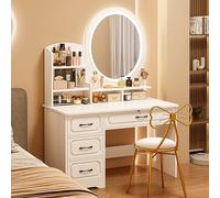 HaoJieHan Toeletta da Trucco con Sgabello E Specchio LED, Luci LED Luminosità Regolabile, Postazione Trucco con Specchio, Toletta con Cassetti E Sedia A,Stool