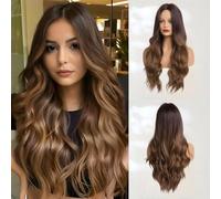 Haoland Lungo Ombre Marrone Ondulato Parrucca Per Le Donne 26 Pollici Parte Media Ricci Affascinante Parrucca Sintetica Con Naturale Ondulato Marrone Capelli Resistenti Al Calore Per Matrimonio Uso