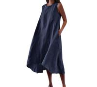 HAOLEI Abiti Estivi Donna Scollo a V Senza Maniche Canotta Abito Lungo Tinta Unita Abiti da Spiaggia in Lino di Cotone Abito Estivo Allentato Casual