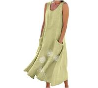 HAOLEI Abito da Donna Lungo in Cotone e Lino Caftano Allentato a Maniche Corte Abito Casual Oversize Elegante Girocollo Maxi Abito Largo con Tasche Boho Abiti al Ginocchio Vintage Essentials Dress