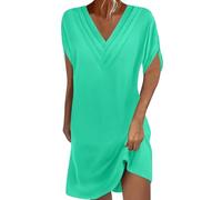 HAOLEI Abito in Lino da Donna con Maniche a Rullo con Bottoni Tinta Unita Vintage Etnico Maniche Corte A-Line Vestito A Tunica Vestiti Boho Abiti al Ginocchio Larghe da Spiaggia