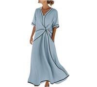 HAOLEI Abito Lino Donna Estivo Lungo Maniche Lunghe Casual Abito Camicia Lino Maxi Elegante Vestiti Estivi Cotone Spiaggia Mare Boho con Tasche per la Primavera e L'Estate Confortevole e Traspirante