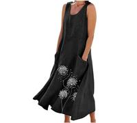HAOLEI Abito Lungo da Donna in Cotone e Lino Caftano Allentato a Maniche Corte Abito Casual Oversize Elegante Girocollo Maxi Abito Largo con Tasche Boho Abiti al Ginocchio Vintage Essentials Dress