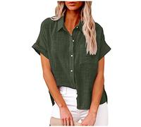 HAOLEI Camicia con Bottoni Donna Cotone e Lino, Donna Camicia Casual in Lino e Cotone con Maniche Corte e Colletto a Revers in Tinta Unita Leggera e Comoda per L'Estate 2025 Offerte Lampo del Giorno