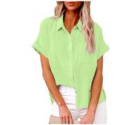 HAOLEI Camicia Donna Casual in Lino e Cotone con Maniche Corte e Colletto a Revers in Tinta Unita Verde Menta, Stampa Floreale e Lettere, Taglia 3XL, Per Donna, Primavera ed Estate
