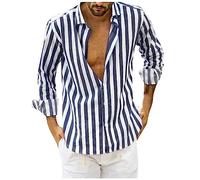 HAOLEI Camicia Uomo a Righe Cotone Manica Lunga Casual Lino Trama Western Regular Fit Holiday Hawaiian Shirts Camicia Uomo No Stiro Top Traspirante Casual