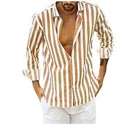 HAOLEI Camicia Uomo a Righe Cotone Manica Lunga Casual Lino Trama Western Regular Fit Holiday Hawaiian Shirts Camicia Uomo No Stiro Top Traspirante Casual
