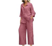 HAOLEI Completo Donna Elegante Cotone E Lino Camicia a Maniche Corte Et Pantalon Completo Di Lino Donna 2 Pezzi Camicia Maniche Lunga E Pantalone Lungo Estivo Completi Casual Set