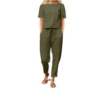 HAOLEI Completo Lino Donna 2 Pezzi Set Tute Curvy Comodo Completi Morbido Manica Corta T Shirt + Pantaloni a Gamba Larga Baggy Completo Traspiranti Moda per Primavera Estate Offerta