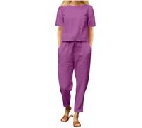HAOLEI Completo Lino Donna 2 Pezzi Set Tute Curvy Comodo Completi Morbido Manica Corta T Shirt + Pantaloni a Gamba Larga Baggy Completo Traspiranti Moda per Primavera Estate Offerta