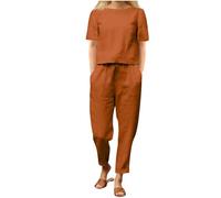 HAOLEI Completo Lino Donna 2 Pezzi Set Tute Curvy Comodo Completi Morbido Manica Corta T Shirt + Pantaloni a Gamba Larga Baggy Completo Traspiranti Moda per Primavera Estate Offerta