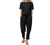 HAOLEI Completo Lino Donna 2 Pezzi Set Tute Curvy Comodo Completi Morbido Manica Corta T Shirt + Pantaloni a Gamba Larga Baggy Completo Traspiranti Moda per Primavera Estate Offerta