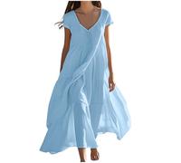 HAOLEI Donna Vestito Lungo Estivo Maxi da Spiaggia in Caftano Etnico Lungo Bohemien Cover Up Dress per Donna Abiti Estivi Vita Alta Midi Vestite A-Line Vestito con Volant Elegante Cotone Abito