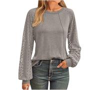 HAOLEI Maglietta Donna a Maniche Lunghe Plissettata Collo Rotondo Business in Pizzo Patchwork T Shirt a Tinta Unita Abbigliamento Moda per la Primavera e L'Estate Leggera Confortevole e Traspirante