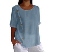 HAOLEI Maglietta Donna Eleganti Curvy Manica Corta Cotone e Lino Magliette in Classico Donna Vintage Blusa T-Shirt a Scollo a V Traspirante Casual Top Stampa Sciolto Maglietta Estate e Confortevole