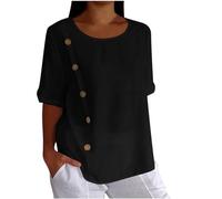 HAOLEI Maglietta Donna Eleganti Curvy Manica Corta Cotone e Lino Magliette in Classico Donna Vintage Blusa T-Shirt a Scollo a V Traspirante Casual Top Stampa Sciolto Maglietta Estate e Confortevole
