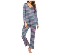 HAOLEI Pigiama Donna Cotone Invernale Due Pezzi con Bottoni a Righe Pigiama Cotone Lungo Pigiami Due Pezzi Invernale Scollo a V a Quadri da Donna con Tasche Laterali Comodo Casual per la Casa