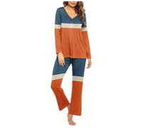 HAOLEI Pigiama Donna Cotone Invernale Due Pezzi con Bottoni a Righe Pigiama Cotone Lungo Pigiami Due Pezzi Invernale Scollo a V a Quadri da Donna con Tasche Laterali Comodo Casual per la Casa