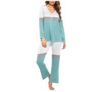 HAOLEI Pigiama Donna Cotone Invernale Due Pezzi con Bottoni a Righe Pigiama Cotone Lungo Pigiami Due Pezzi Invernale Scollo a V a Quadri da Donna con Tasche Laterali Comodo Casual per la Casa