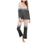 HAOLEI Pigiama Donna Cotone Invernale Due Pezzi con Bottoni a Righe Pigiama Cotone Lungo Pigiami Due Pezzi Invernale Scollo a V a Quadri da Donna con Tasche Laterali Comodo Casual per la Casa