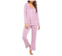 HAOLEI Pigiama Donna Cotone Invernale Due Pezzi con Bottoni a Righe Pigiama Cotone Lungo Pigiami Due Pezzi Invernale Scollo a V a Quadri da Donna con Tasche Laterali Comodo Casual per la Casa