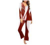 HAOLEI Pigiama Donna Cotone Invernale Due Pezzi con Bottoni a Righe Pigiama Cotone Lungo Pigiami Due Pezzi Invernale Scollo a V a Quadri da Donna con Tasche Laterali Comodo Casual per la Casa