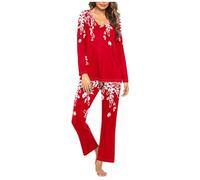 HAOLEI Pigiama Donna Cotone Invernale Due Pezzi con Bottoni a Righe Pigiama Cotone Lungo Pigiami Due Pezzi Invernale Scollo a V a Quadri da Donna con Tasche Laterali Comodo Casual per la Casa