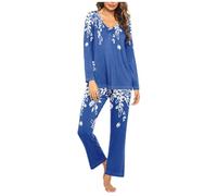 HAOLEI Pigiama Donna Cotone Invernale Due Pezzi con Bottoni a Righe Pigiama Cotone Lungo Pigiami Due Pezzi Invernale Scollo a V a Quadri da Donna con Tasche Laterali Comodo Casual per la Casa