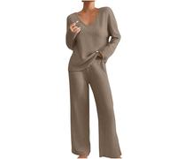 HAOLEI Pigiama Donna Invernale Due Pezzi Manica Lunga Pantaloni Lunghi Casual Scollo a V Top Elastico in Vita Pantaloni A Gamba Larga con Tasca Completi Tuta Abbigliamento Comodo Casual per La Casa