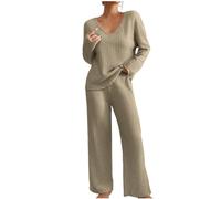 HAOLEI Pigiama Donna Invernale Due Pezzi Manica Lunga Pantaloni Lunghi Casual Scollo a V Top Elastico in Vita Pantaloni A Gamba Larga con Tasca Completi Tuta Abbigliamento Comodo Casual per La Casa