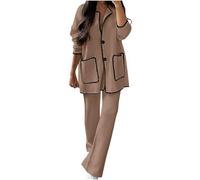 HAOLEI Set Pigiama Donna Invernale Pigiama Cotone Lungo Pigiami Due Pezzi Invernale Scollo a V a Quadri da Donna con Tasche Laterali Comodo Casual per la Casa