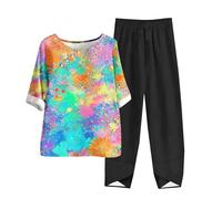HAOLEI Tuta Lino Donna Estiva Tuta Abbigliamento Donna Estivo per Anziani E Mezza età Old Lady Top con Maniche a Sette Punti e Completo di Pantaloni Tuta Donna Elegante Curvy Casual Leggera Comodo