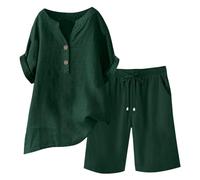 HAOLEI Tute Estive Donna Cerimonia Completo Donna 2 Pezzi in Lino e Cotone Set Camicia Allentato con Bottoni Pantaloncini Corti a Vita Alta Eslatica Estivi Casual Spiaggia Lavoro Vacanza