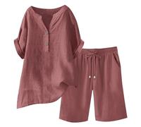 HAOLEI Tute Estive Donna Cerimonia Completo Donna 2 Pezzi in Lino e Cotone Set Camicia Allentato con Bottoni Pantaloncini Corti a Vita Alta Eslatica Estivi Casual Spiaggia Lavoro Vacanza