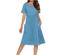 HAOLEI Vestito Donna Estivi Elegante Manica Corta Vestiti Girocollo con Tasche Casual Mini Abito Linea A Vita Alta Abiti da Spiaggia Cotone Tinta Unita Offerte di Primavera Donna Abbigliamento Saldi